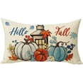 thumbnail image 1 of Hello Fall Lumbar Decorative Throw Pillow Cover 20x30, Rectangular Autumn Blue White Pumpkin Lantern Outdoor Home Decor, Thanksgiving Leaves Seasonal Couch Cushion Case, 1 of 3