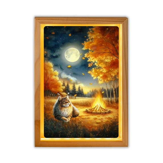 Hello Fall Maine Coon Enjoys Warm Campfire Autumn Night Bright Moon Acrylic Plaque with Wood Photo Frame Box Cat Lover Kitten Owner Gifts Light Box - 01008