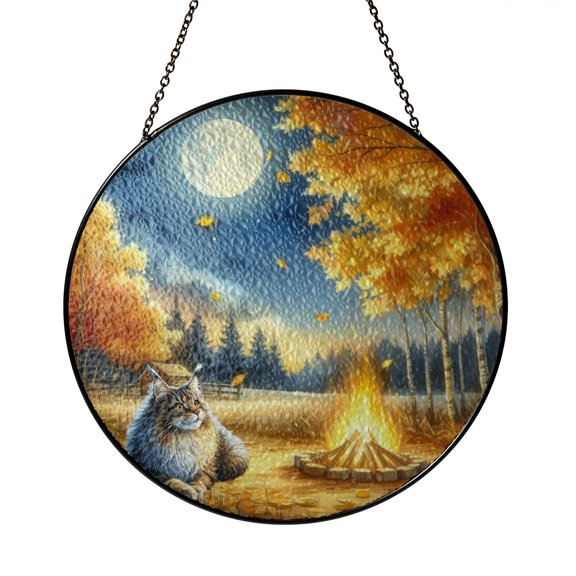 Hello Fall Maine Coon Enjoys Warm Campfire Autumn Night Bright Moon Stained Glass Suncatcher Cat Lover Kitten Owner Gifts Window Hanging Sign Decor - 01008