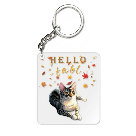 Hello Fall Manx Enjoys Warm Campfire Autumn Night Bright Moon Acrylic Keychain Cat Lover Kitten Owner Gifts Collar Charm Tag Keyring - 01008