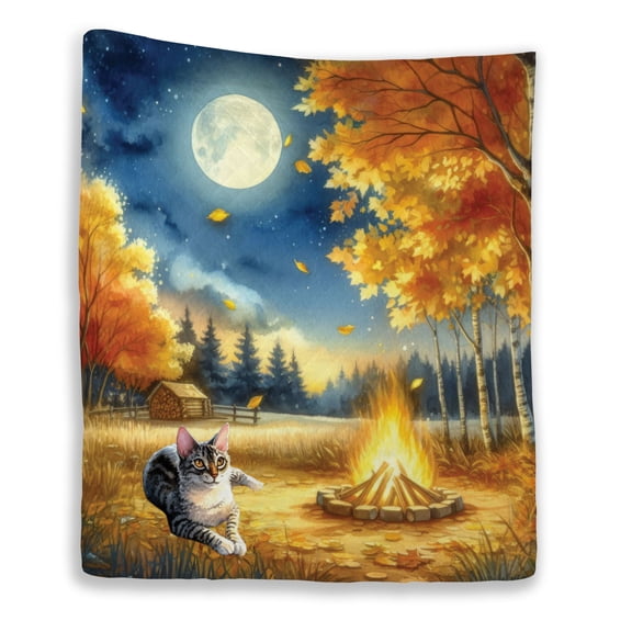 Hello Fall Manx Enjoys Warm Campfire Autumn Night Bright Moon Quilt Blanket Cat Lover Kitten Owner Gifts Cozy Comforter Throw Blanket - 01008