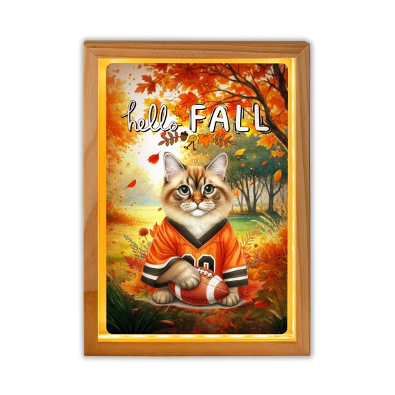 Hello Fall Manx Football Welcome Autumn with Leaves Pumpkins Acrylic Plaque with Wood Photo Frame Box Cat Lover Kitten Owner Gifts Light Box - 00012
