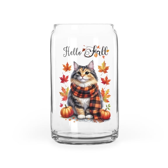 Hello Fall Manx Scarf Welcome Autumn with Leaves Pumpkins 16oz Glass Cup Mug Cat Lover Kitten Owner Gifts Glass Can - 00011