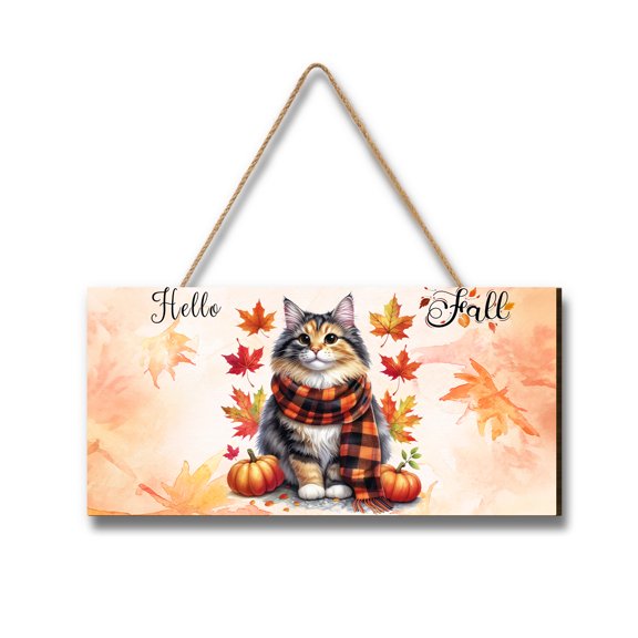 Hello Fall Manx Scarf Welcome Autumn with Leaves Pumpkins Landscape Wood Sign Cat Lover Kitten Owner Gifts Hanging Wall Home Decor - 00011