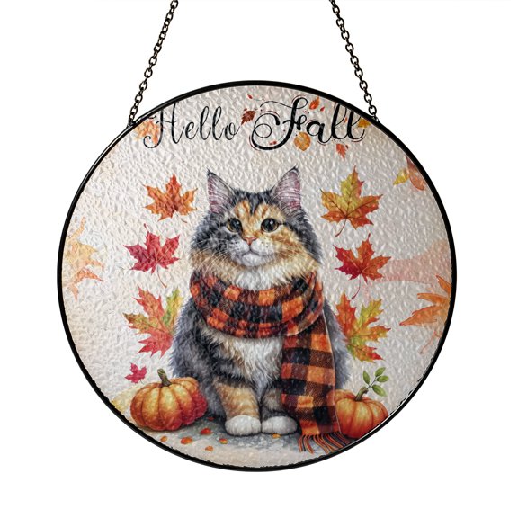 Hello Fall Manx Scarf Welcome Autumn with Leaves Pumpkins Stained Glass Suncatcher Cat Lover Kitten Owner Gifts Window Hanging Sign Decor - 000111