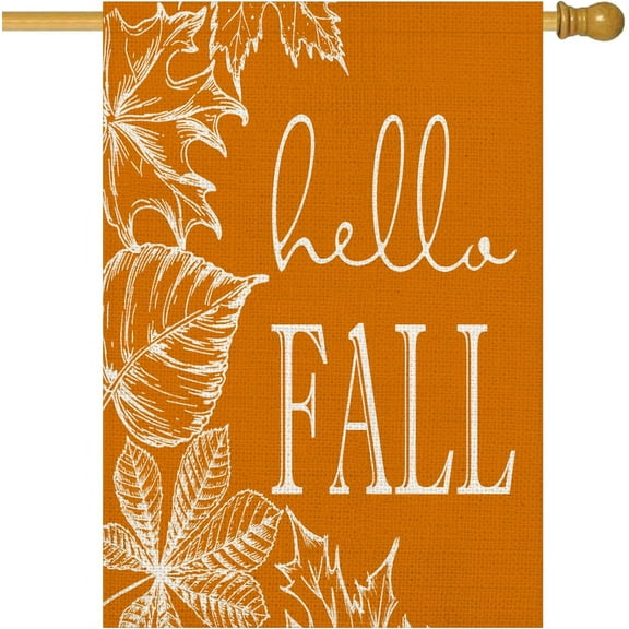 Hello Fall Maple Leaves House Flag Burlap Vertical Double Sided 28x40 Inch Orange Autumn Leaf Large Outside Flags Thanksgiving Harvest Home Farmhouse Outdoor Decoration