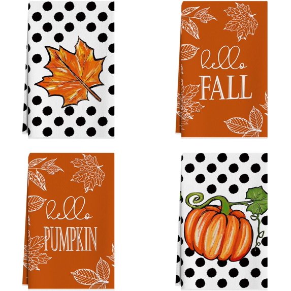 Hello Fall Maple Leaves Pumpkin Autumn Dish Towels 18x26 Inch Hand Kitchen Towels Dishcloth Home Decorations Set of 4
