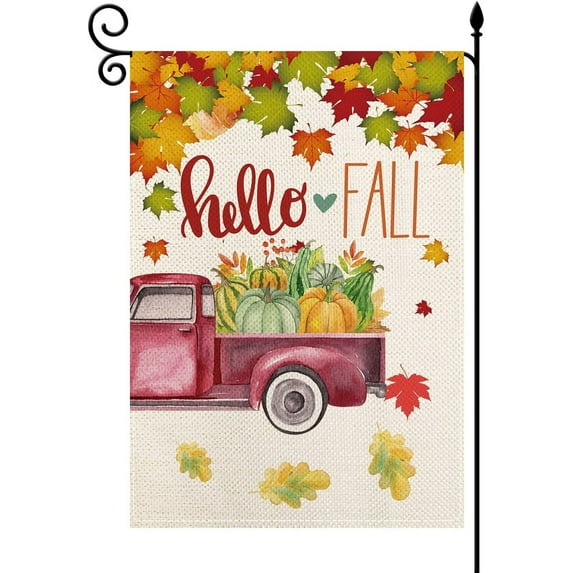 Hello Fall Maple Leaves Truck Pumpkin Garden Flag Vertical Double Sized,Summer Autumn Seasonal Farmhouse Patio Lawn Yard Outdoor Décor