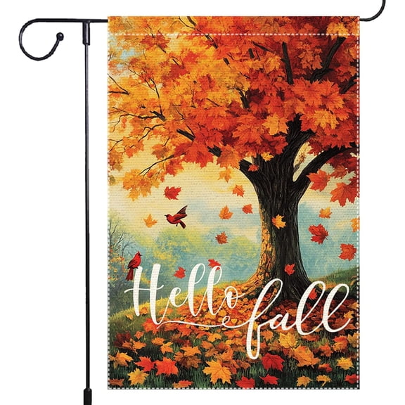 Hello Fall Maple Tree Garden Flag Decor for Outside, Double Sided Burlap Vertical Yard Banners Autumn Garden Flags Villa Small Outdoor Decorative 12.5x18 Inch