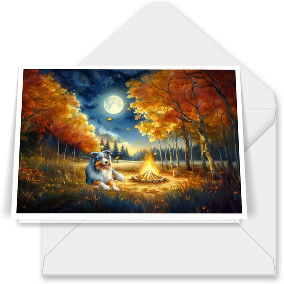 Hello Fall Miniature American Shepherd Enjoys Warm Campfire Autumn Night 7x5in Folded Greeting Card MAS Dog Lover Gifts Single Note Card with Envelope - 01008