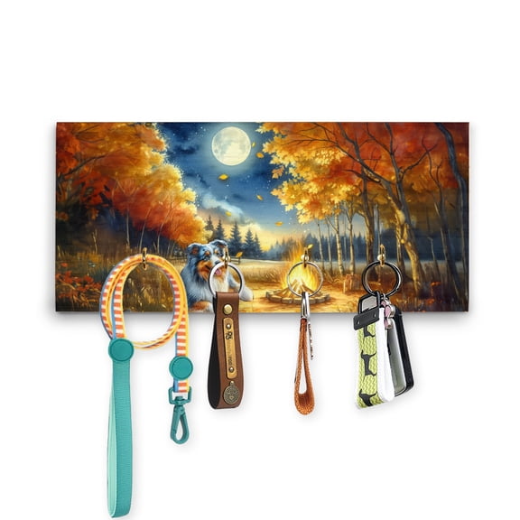 Hello Fall Miniature American Shepherd Enjoys Warm Campfire Autumn Night Wood Key Holder MAS Dog Lover Gifts Wall-mounted Key Rack Home Decor - 01008