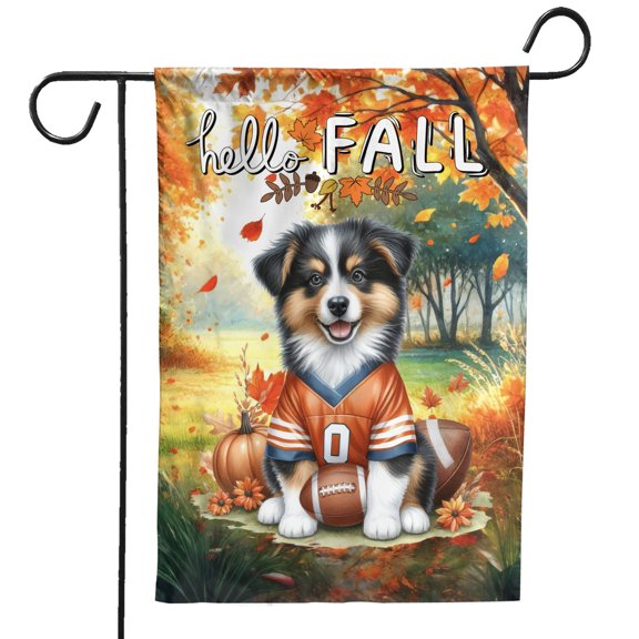 Hello Fall Miniature American Shepherd Football Welcome Autumn with Leaves Pumpkins Garden Flag 12x18in Double Sided MAS Dog Lover Gifts Outdoor Decor - 00012