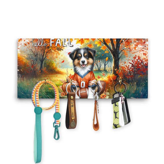 Hello Fall Miniature American Shepherd Football Welcome Autumn with Leaves Pumpkins Wood Key Holder MAS Dog Lover Gifts Wall-mounted Key Rack Home Decor - 00012