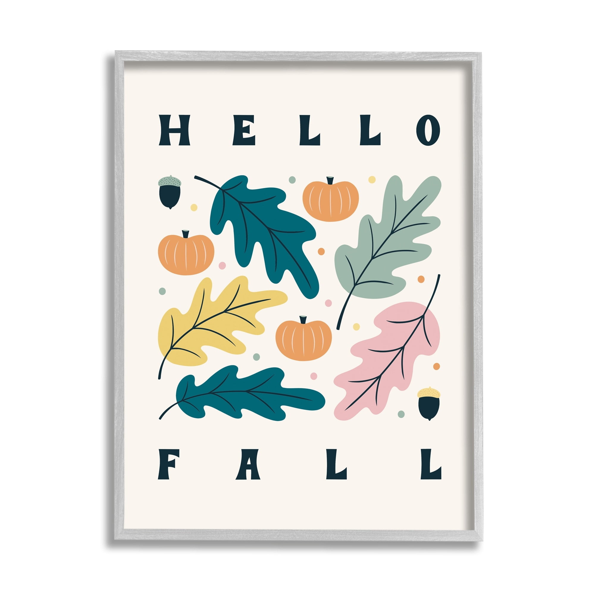 Hello Fall Modern Pastel Autumn Leaves Typography Botanical & Floral Graphic Art Framed Art Print Wall Art