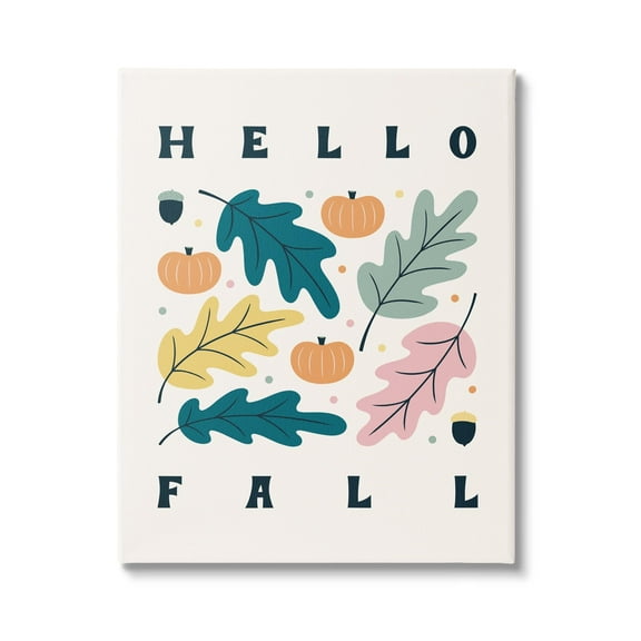 Hello Fall Modern Pastel Autumn Leaves Typography Botanical & Floral Graphic Art Gallery-Wrapped Canvas Print Wall Art