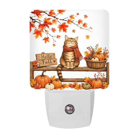 Hello Fall Night Lights, Cute Orange Cat Pumpkins Fruit Maple Leaf Scenery Smart Auto Dusk to Dawn Sensor Nightlights Plug-in Nightlight for Bedroom Bathroom Living Room Kitchen Hallway