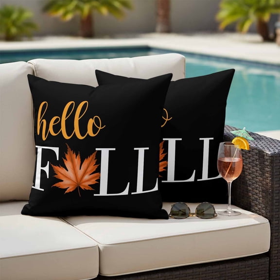 Hello Fall Outdoor Pillow Covers 24x24 Inch Throw Pillow Covers Set of 2 Waterproof Decorative Pillow Cases Thanksgiving Vintage Maple Leaf Autumn Black Cushion Covers for Patio Furniture Garden