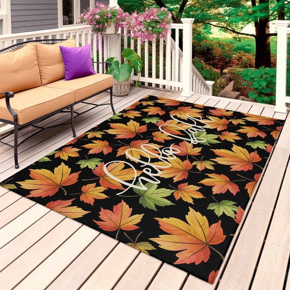 Hello Fall Outdoor Rug for Patio/Deck/Porch, Non-Slip Large Area Rug 3 x 5 Ft, Thanksgiving Maple Autumn Rustic Leaves Black Indoor Outdoor Rugs Washable Area Rugs, Camping Rug Carpet Runner