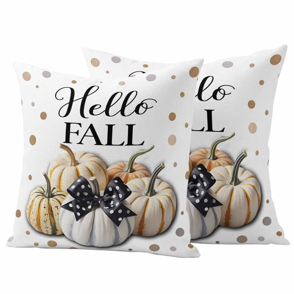 Hello Fall Outdoor Waterproof Pillow Covers, Thanksgiving White Pumpkin Polka Dot Decorative Square Throw Pillowcase Sofa Cushion Sham for Patio/Couch/Chair, 26"x26" 2 Pack