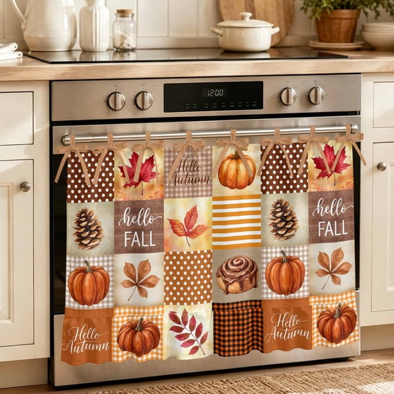 Hello Fall Oven Skirt for Farmhouse Kitchen Décor, Orange Plaid Pumpkins Maple Leaf Thanksgiving Oven Curtain Tie Top Decorative Stove Skirt, Cabinet Dish Washer Curtains with 8 Ribbon Ties 27"x20"