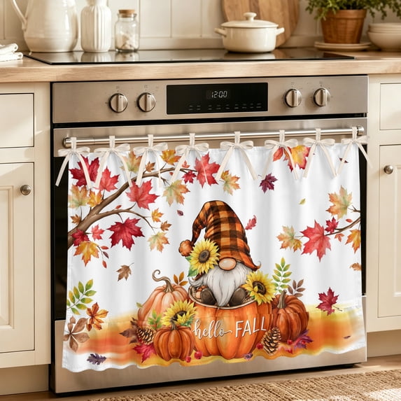 Hello Fall Oven Skirt for Farmhouse Kitchen Décor, Thanksgiving Pumpkins Gnomes Maple Branches Oven Curtain Tie Top Decorative Stove Skirt, Cabinet Dish Washer Curtains with 8 Ribbon Ties 32"x24"