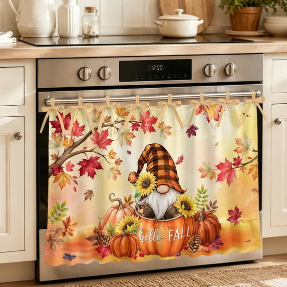 Hello Fall Oven Skirt for Farmhouse Kitchen Décor, Thanksgiving Pumpkins Gnomes Maple Orange Oven Curtain Tie Top Decorative Stove Skirt, Cabinet Dish Washer Curtains with 8 Ribbon Ties 30"x21.5"