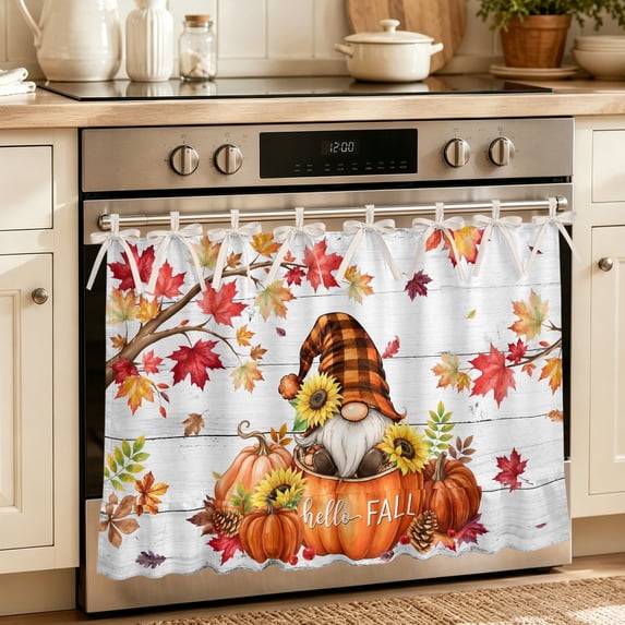 Hello Fall Oven Skirt for Farmhouse Kitchen Décor, Thanksgiving Pumpkins Gnomes Maple Wood Oven Curtain Tie Top Decorative Stove Skirt, Cabinet Dish Washer Curtains with 8 Ribbon Ties 27"x20"
