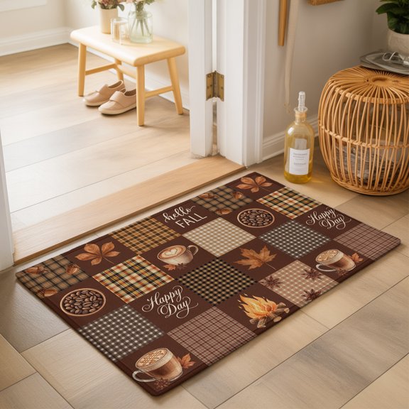 Hello Fall Patchwork 2'x3' Small Rugs for Entryway Front Door Kitchen Sink Area, Rustic Coffee Maple Leaf Pine Cones Brown Plaid Soft Sturdy Mats Washable Non Slip Rectangle Area Rug