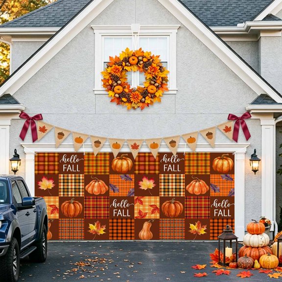 Hello Fall Patchwork Garage Door Banner Covers, Country Pumpkin Maple Leaf Orange Brown Plaid Large Hanging Indoor/Outdoor Backdrop Background for Christmas Winter Party Decor, 6x13ft