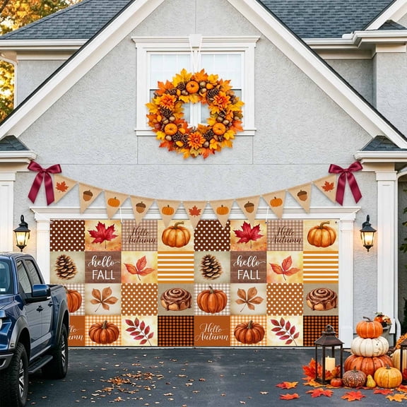 Hello Fall Patchwork Garage Door Banner Covers, Country Pumpkin Maple Leaf Pine Cone Plaid Large Hanging Indoor/Outdoor Backdrop Background for Christmas Winter Party Decor, 6.9x16ft