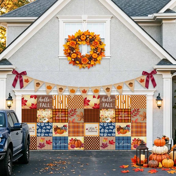 Hello Fall Patchwork Garage Door Banner Covers, Country Pumpkin Maple Leaf Rose Stripe Plaid Large Hanging Indoor/Outdoor Backdrop Background for Christmas Winter Party Decor, 6.9x16ft
