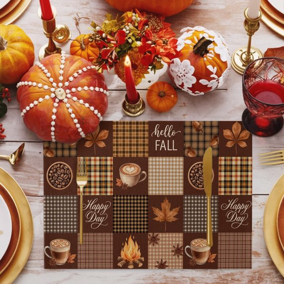 Hello Fall Patchwork Placemats Set of 1, Rustic Coffee Maple Leaf Pine Cones Brown Plaid Non-Slip Place Mats Washable Table Mats for Kitchen Dining Table Decorations Indoor/Outdoor