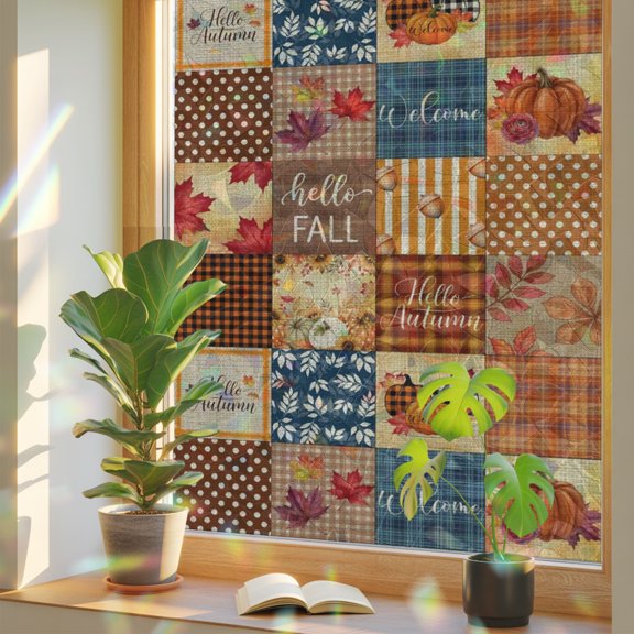 Hello Fall Patchwork Rainbow Window Privacy Film, Rustic Pumpkin Maple Leaf Rose Stripe Plaid Stained Glass Window Film, Sun Blocking Static Cling Non Adhesive Door Stickers 17.7 x 39.3 Inches