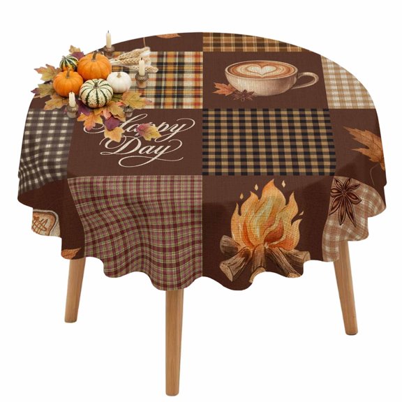 Hello Fall Patchwork Round Tablecloth 54 inches Rustic Coffee Maple Leaf Pine Cones Brown Plaid Waterproof Oil-Proof Table Cloth Round Table Cover for Holiday Party Picnic Dinner Decor