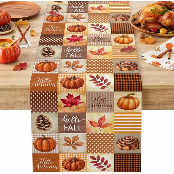 Hello Fall Patchwork Table Runner, Country Pumpkin Maple Leaf Pine Cone ...