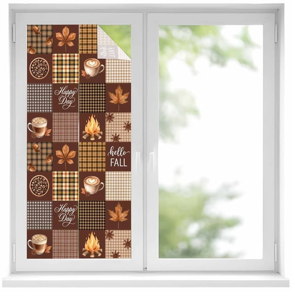 Hello Fall Patchwork Window Privacy Film, Farmhouse Coffee Leaf Pine Cones Brown Plaid Frosted Glass Window Clings Static Cling UV Heat Blocking Reusable Door Sticker for Bathroom 19.6 x 39.3 Inch