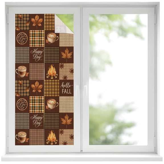 Hello Fall Patchwork Window Privacy Film, Rustic Coffee Maple Leaf Pine Cones Brown Plaid Frosted Glass Window Clings Static Cling UV Heat Blocking Reusable Door Sticker for Bathroom 17.7 x 39.3 Inch