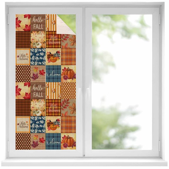 Hello Fall Patchwork Window Privacy Film, Rustic Pumpkin Maple Leaf Rose Stripe Plaid Frosted Glass Window Clings Static Cling UV Heat Blocking Reusable Door Sticker for Bathroom 17.7 x 39.3 Inch