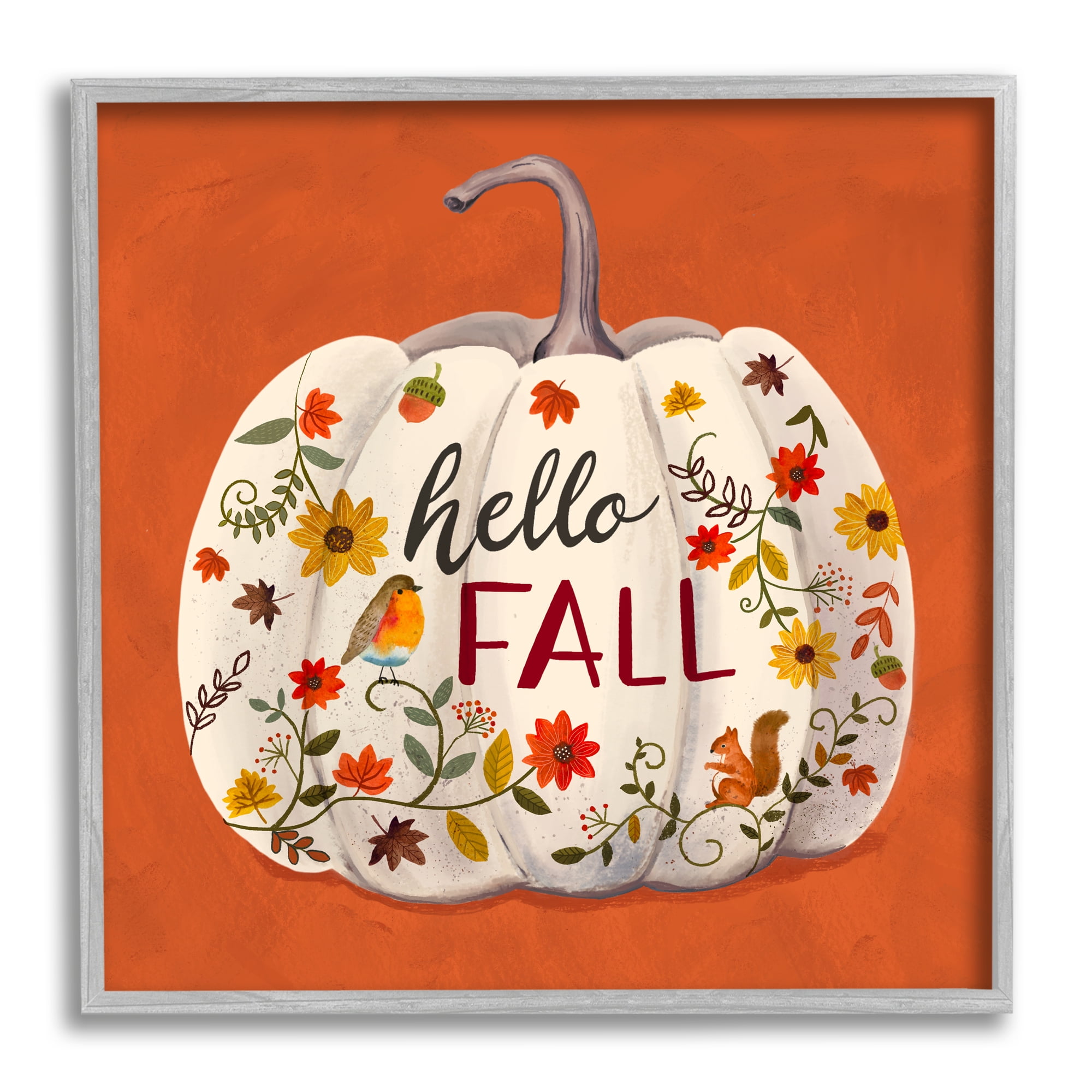 Hello Fall Patterned White Pumpkin Floral Botanicals Botanical & Floral Graphic Art Framed Art Print Wall Art
