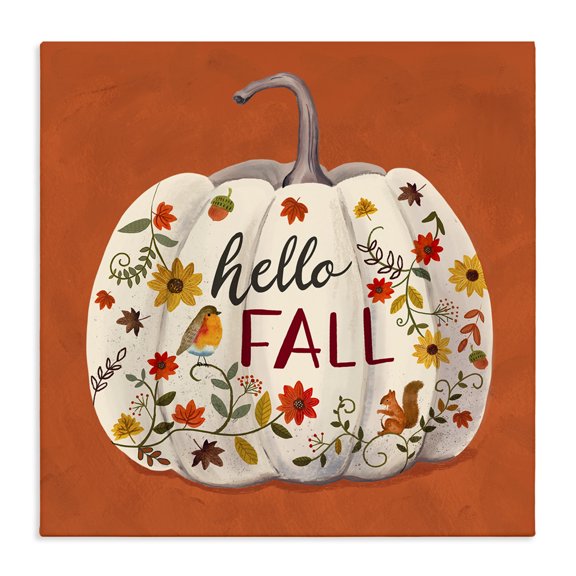 Stupell Industries Farmhouse Hello Fall Patterned White Pumpkin Floral Botanicals Canvas Art, 17 x 17, by Sharon Lee
