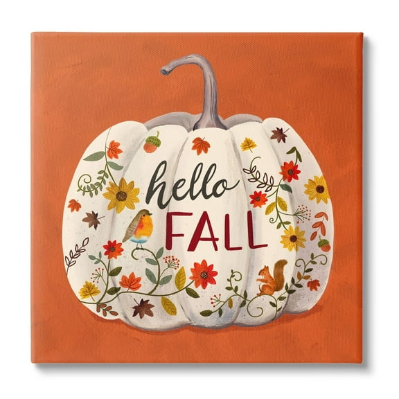 Hello Fall Patterned White Pumpkin Floral Botanicals Botanical & Floral Graphic Art Gallery-Wrapped Canvas Print Wall Art