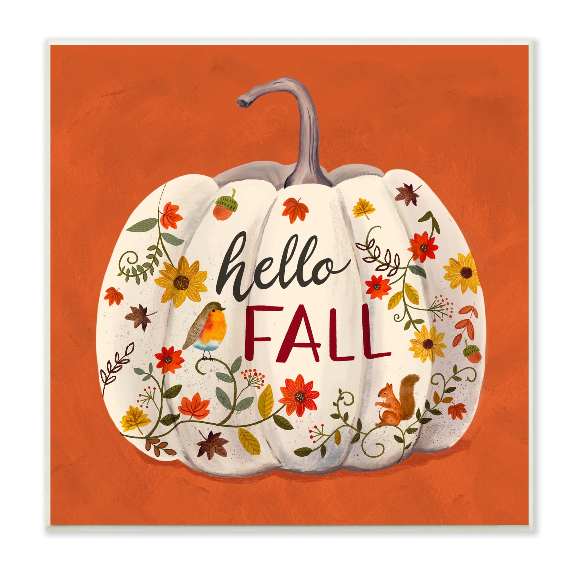 Hello Fall White Pumpkin Floral Wood Wall Plaque