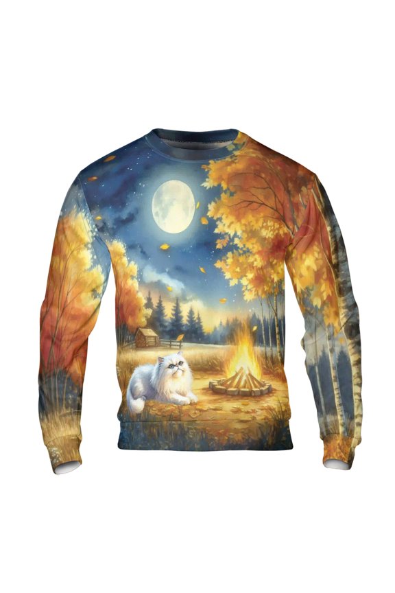 Hello Fall Persian Enjoys Warm Campfire Autumn Night Bright Moon All Over Print 3D Sweatshirt Unisex Merch Cat Lover Kitten Owner Gifts - 01008