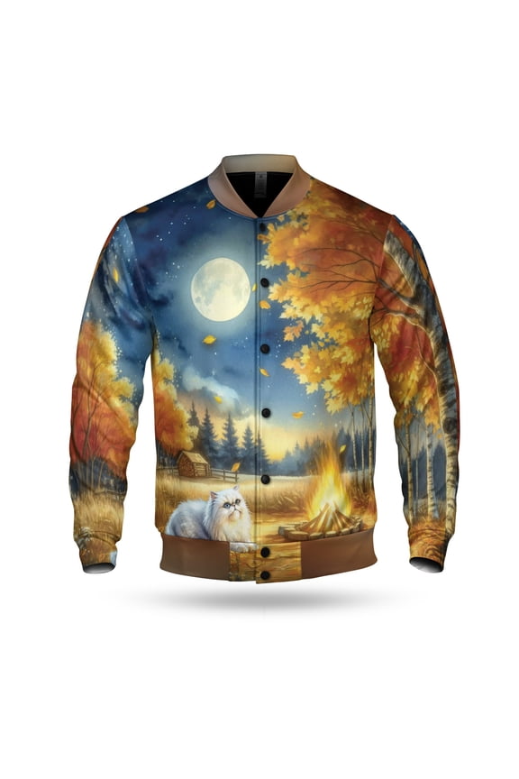 Hello Fall Persian Enjoys Warm Campfire Autumn Night Bright Moon All Over Print 3D Baseball Jacket Cat Lover Kitten Owner Gifts Bomber Jacket Softball - 01008