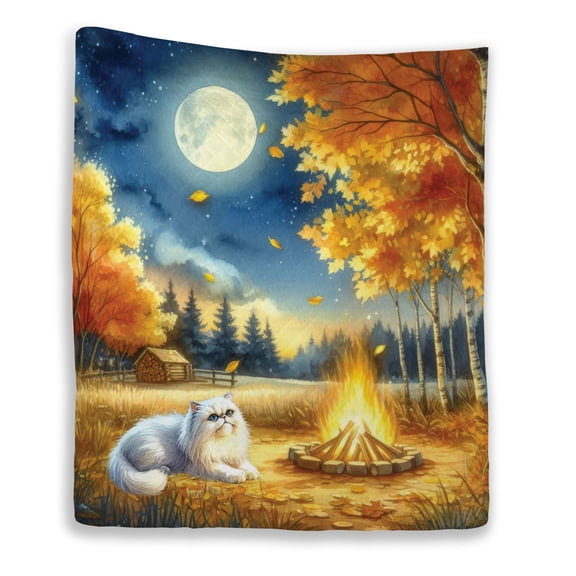 Hello Fall Persian Enjoys Warm Campfire Autumn Night Bright Moon Quilt Blanket Cat Lover Kitten Owner Gifts Cozy Comforter Throw Blanket - 01008