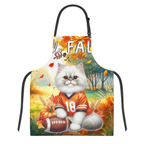 Hello Fall Persian Football Welcome Autumn with Leaves Pumpkins Apron Cat Lover Kitten Owner Gifts for Cooking Grilling Baking Painting Gardening - 00012