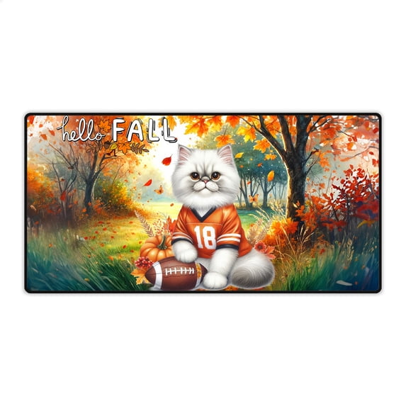 Hello Fall Persian Football Welcome Autumn with Leaves Pumpkins Desk Mat Full Keyboard Mouse Pad Cat Lover Kitten Owner Gifts Large Mousepad - 00012
