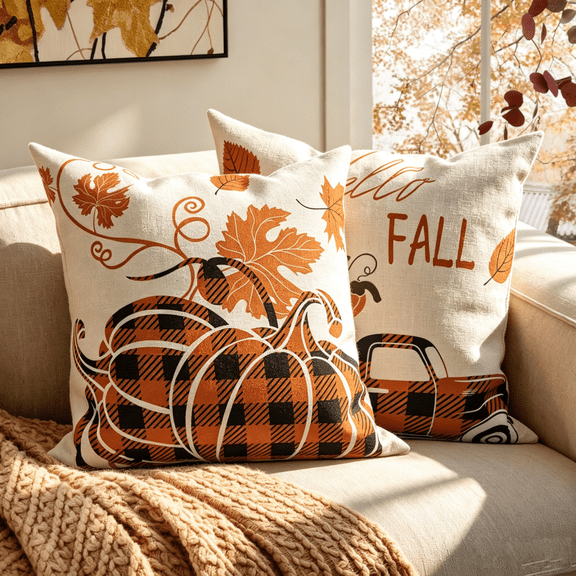 AOFOTO Hello Fall Pillow Covers 18x18 Set of 2 Buffalo Check Pumpkin and Vintage Truck Decorative Throw Pillow Cases Double-Sided Farmhouse Decor
