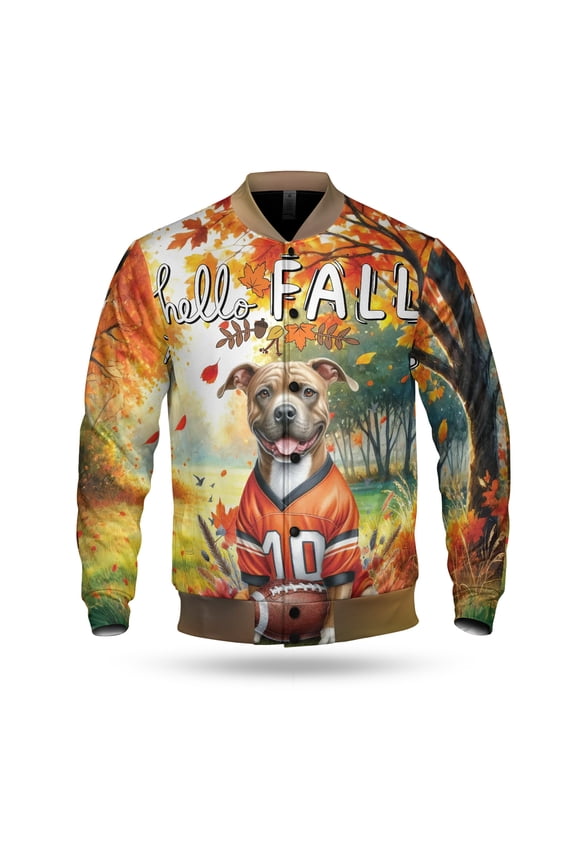 Hello Fall Pitbull Football Welcome Autumn with Leaves Pumpkins All Over Print 3D Baseball Jacket Terrier Dog Lover Bomber Jacket Softball - 00012