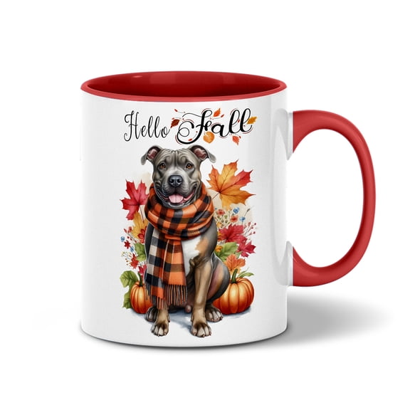 Hello Fall Pitbull Scarf Welcome Autumn with Leaves Pumpkins 11oz Accent Two-tone Mug Terrier Dog Lover Coffee Tea Cup - 00011